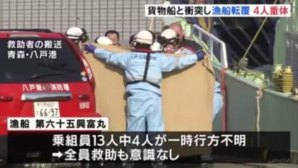 貨物船と衝突し漁船転覆　全員救助も乗組員4人が意識不明の重体　青森・三沢市の沖合