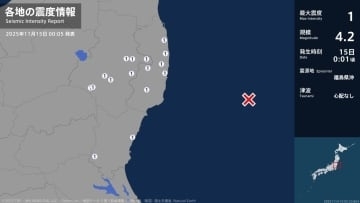福島県、茨城県で最大震度1の地震　福島県・白河市、田村市、鏡石町、玉川村、小野町、いわき市、南相馬市