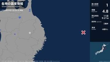 岩手県で最大震度1の地震　岩手県・盛岡市
