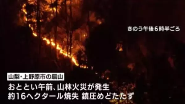 山梨・上野原市の山林火災　火は最も近い住宅まで約50ｍに迫る