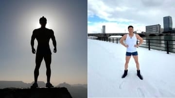 【 謎の男 】逆光にシルエット・頭頂にはマゲか　「#キャー謎の男ステキー」でバレバレ　〝私は『侍ジャパン』を応援しています〟【 なかやまきんに君 】