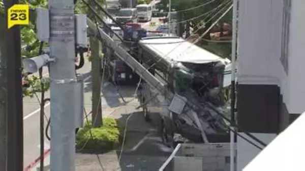 観光バスが電柱に突っ込む　現場の手前には街路樹などに接触した痕も　東京・江戸川区