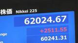 「【速報】6万2000円突破 日経平均一時2500円超の値上がり　米・イラン報道や海外市場でのAI・半導体関連株急騰など受け　連休明けの東京株式市場」の画像1