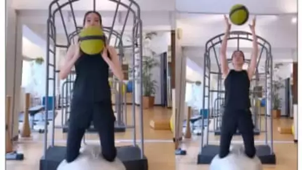 【 松島花 】バランスボールのトレーニングで驚きの体幹を披露　ファンからも「いつも感心する素晴らしい体幹」