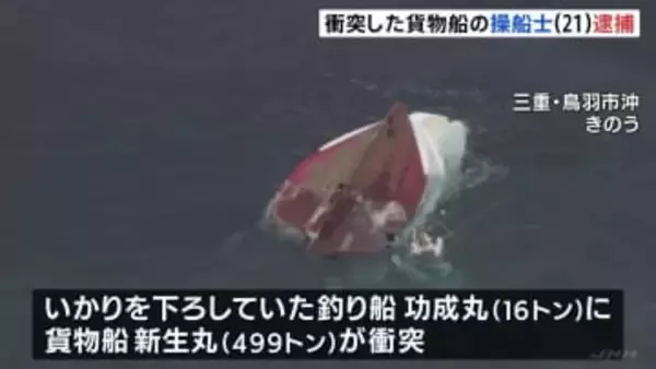 2人死亡の船衝突事故で貨物船の操船士逮捕「自分が操船してぶつかったことは間違いない」 釣り客らが海に投げ出される