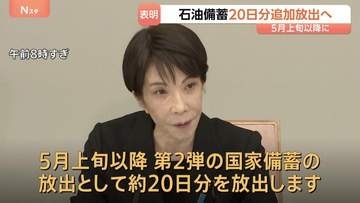 高市総理が「石油備蓄約20日分を追加放出」表明　5月上旬以降に第2弾として　石油供給の偏り・流通の目詰まり対応も赤沢経産大臣らに指示