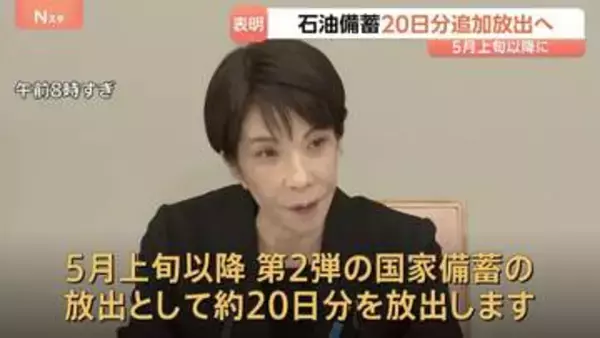 高市総理が「石油備蓄約20日分を追加放出」表明　5月上旬以降に第2弾として　石油供給の偏り・流通の目詰まり対応も赤沢経産大臣らに指示
