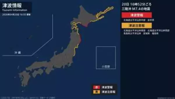 【津波警報】岩手県、北海道太平洋沿岸中部 ただちに避難 16:55時点