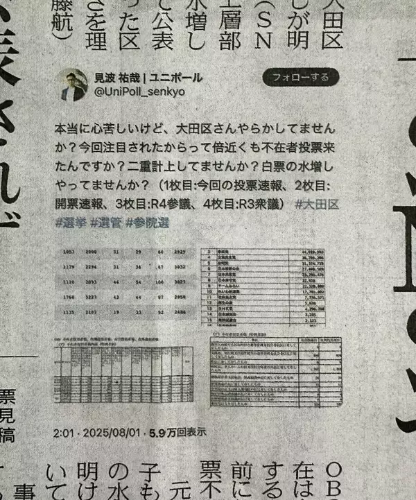 「大田区選管　参院選で開票不正」の画像