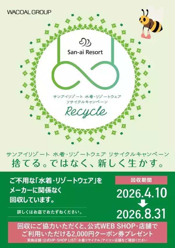 「古い水着をリサイクルして2,000円分クーポン券をゲット！「San-ai Resort水着・リゾートウェアリサイクル」開催中」の画像