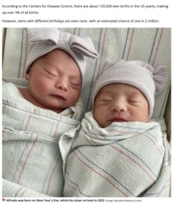 15分差で生まれた双子　兄は2021年に、妹は2022年に誕生（米）