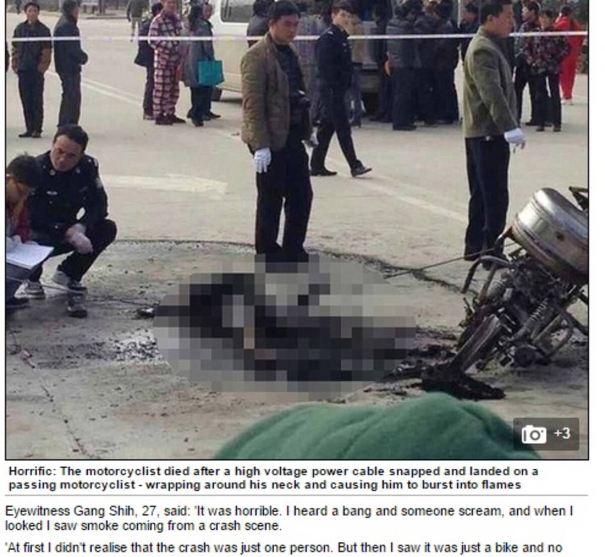 バイク男性にとんだ悲運 垂れ下がった高圧電線に首をひっかけ感電炎上 中国 14年12月16日 エキサイトニュース