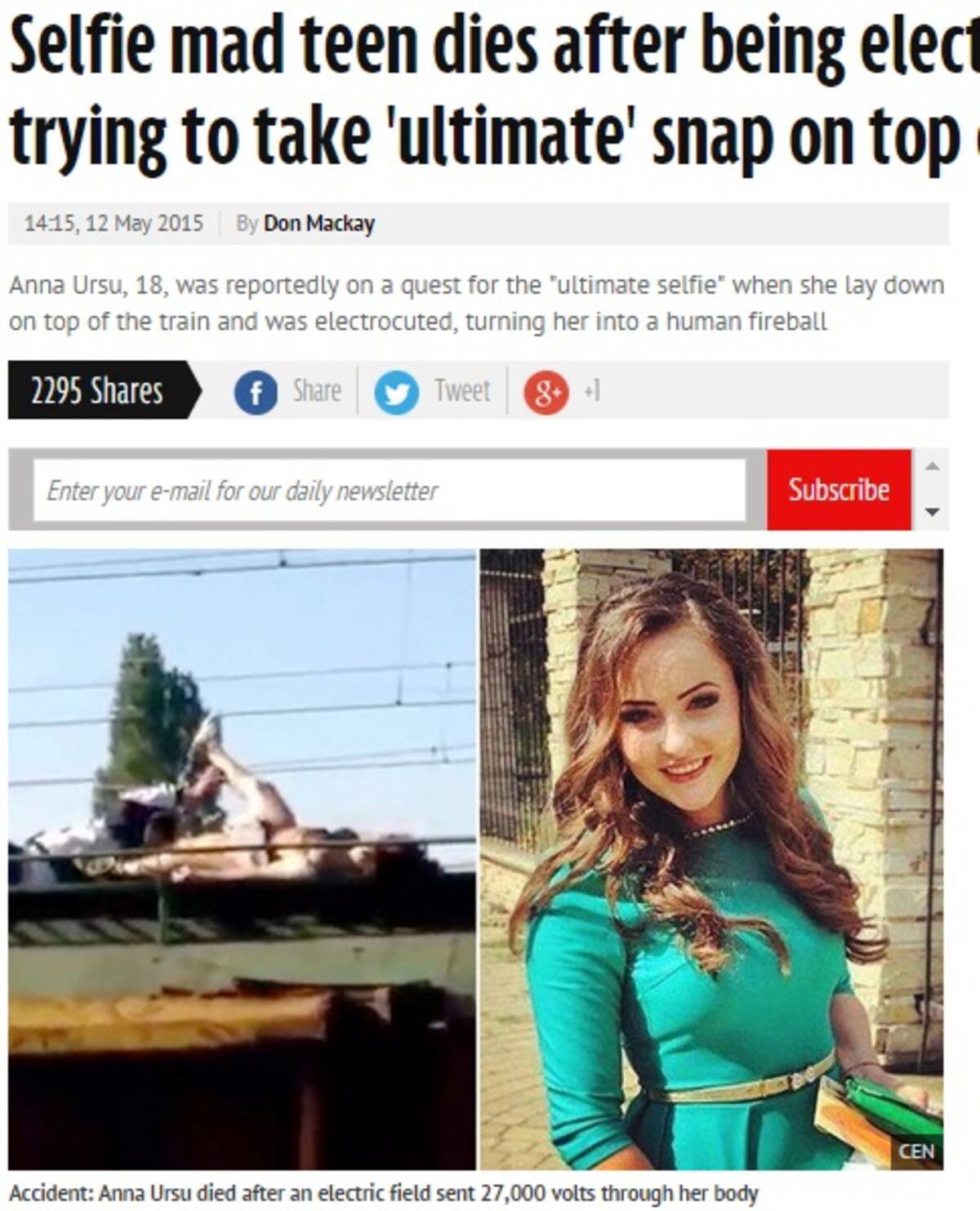 電車の屋根でセルフィーした18歳少女 高圧電線に触れ感電死 ルーマニア 15年5月15日 エキサイトニュース 電車の屋根でセルフィーした18歳少女 高圧電線に触れ感電死 ルーマニア 15年5月15日 エキサイトニュース