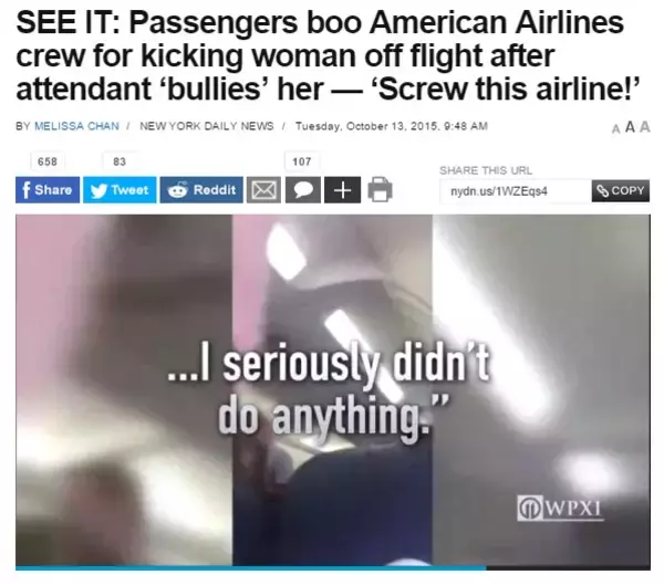 「アメリカン航空、CAが女性客を理不尽に降機させる。」の画像