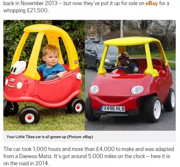 「おもちゃの乗り物が本物の車に。お値段400万円（英）」の画像