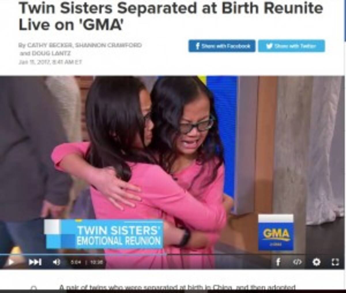 生き別れだった10歳の双子が生放送で感動的な再会 泣きじゃくる姿にゲストも涙 米 17年1月日 エキサイトニュース