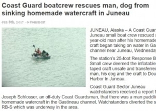 ダクトテープ製のボートでアラスカの海峡を漂流　沿岸警備隊が男性と犬を保護
