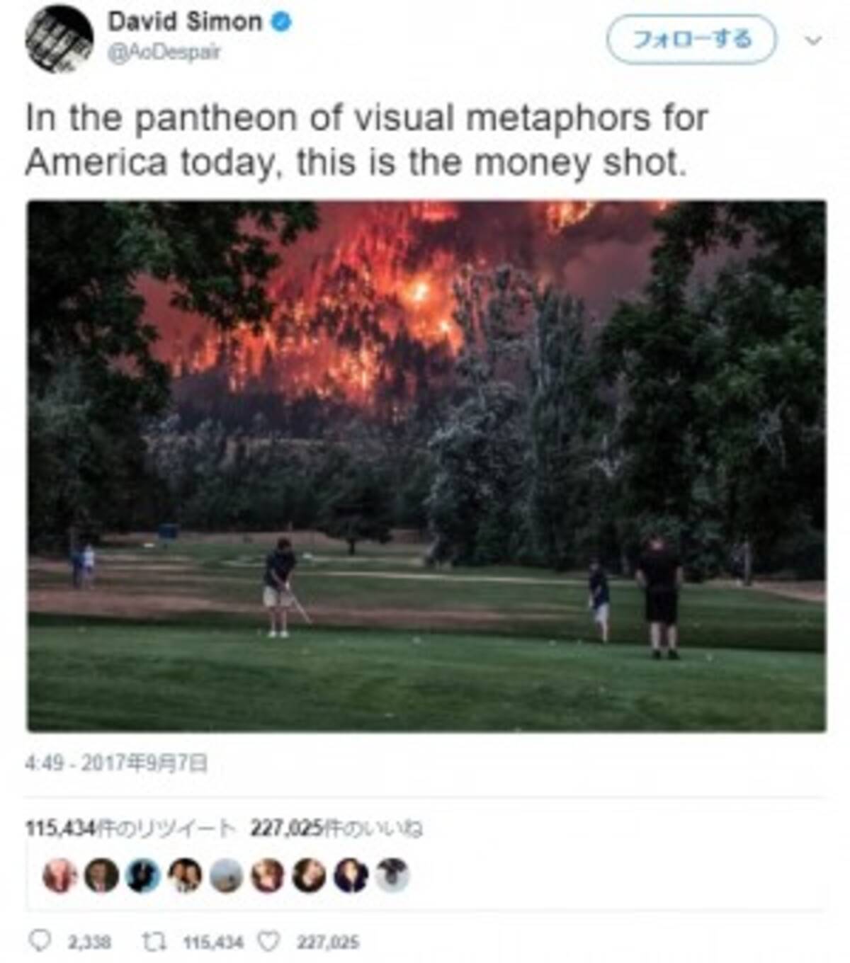 米オレゴン州のゴルフコースで珍写真 迫る山火事にもプレーを止めようとせず 17年9月13日 エキサイトニュース