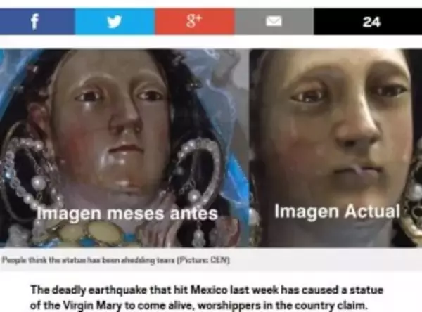 「メキシコ地震被害への悲しみか　教会で涙を流す聖母マリア像」の画像