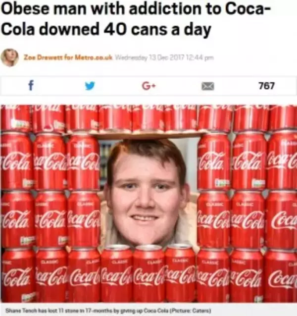 「一日40本コカ・コーラを飲んでいた男性、約70kgの減量に成功（英）」の画像