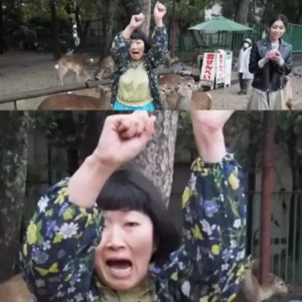 「川村エミコ、奈良の鹿に襲われる　洋服をかじられて恐怖で顔が…」の画像