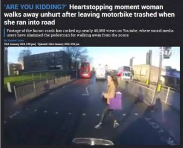 赤信号で飛び出しバイクと衝突した女性 謝罪の言葉なく立ち去る 英 動画あり 19年1月26日 エキサイトニュース