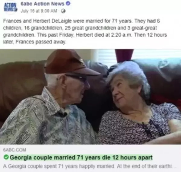 「結婚71年の夫婦、12時間差で亡くなる　「究極のラブストーリー」（米）」の画像