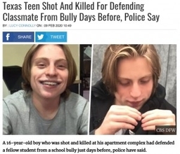 いじめられている同級生を救った16歳少年、逆恨みされ銃で殺害される（米）