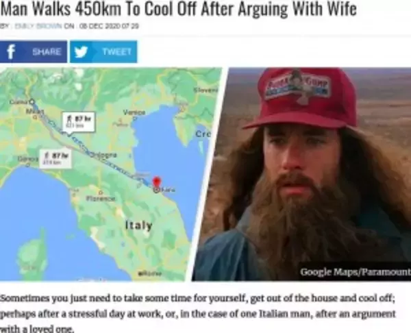 「夫婦喧嘩で家を飛び出した男性、450kmをさ迷い歩く「イタリア版フォレスト・ガンプ」と呼ばれる」の画像