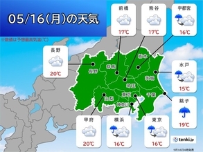 16日の関東　断続的に雨　ザーザー降りも　最高気温は都心16℃予想　上着が必要