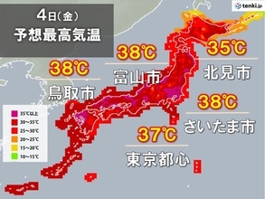 4日も猛烈な暑さ　所々で体温超え　九州～北海道の37都道府県に熱中症警戒アラート