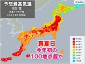 今日5日も暑い　真夏日は今年初の100地点超えか　関東や東北の内陸などで30℃超