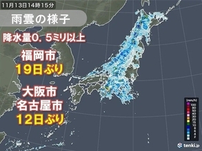 久しぶりの雨　0.5ミリ以上の雨は福岡市19日ぶり　大阪市や名古屋市12日ぶり