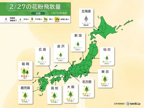 「27日の花粉情報　福岡など飛散量「多い」　3月には東北北部でも飛散開始」の画像