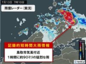 鳥取県で1時間に約90ミリ　「記録的短時間大雨情報」