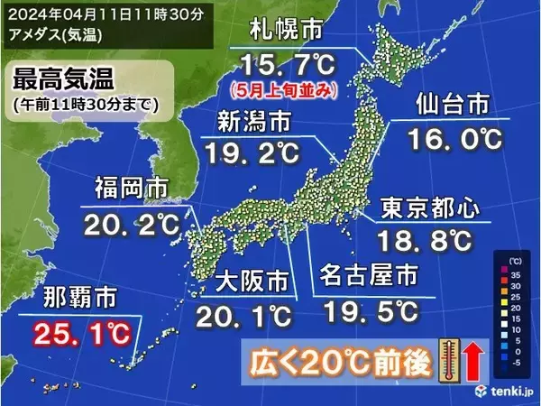 「関東以西は20℃前後　北日本は5月並みも　日曜ピークに夏日続出か　暑熱順化を」の画像