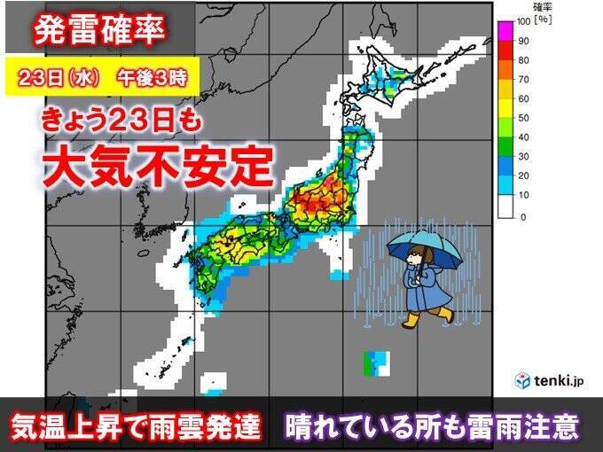 太平洋側に活発な雨雲　きょうも大気不安定　非常に激しい雨の所も　天気の急変に注意