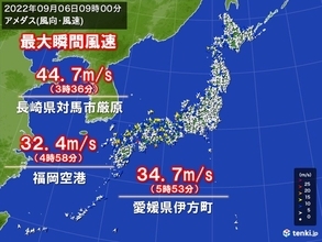 長崎県対馬市厳原で最大瞬間風速44.7メートル　西日本や北日本は暴風に警戒