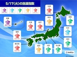 17日の洗濯指数　日本海側ほど洗濯日和　太平洋側は所々で雨　空模様の変化に注意