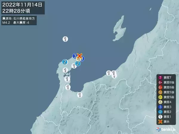 「石川県で震度4の地震　津波の心配なし」の画像