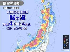 青森県酸ヶ湯で積雪4メートル超　今シーズン全国初　一気に50センチ前後も積雪急増