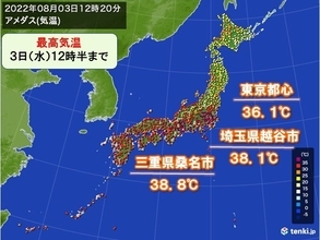 東海や関東甲信で38℃台記録　このあと40℃に迫る所も　外出はなるべく控えて