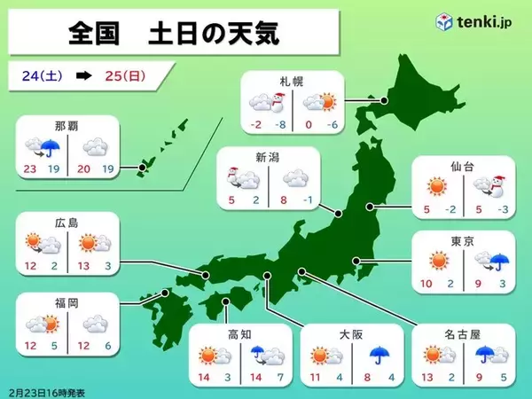 連休天気　24日(土)は太平洋側で天気回復　25日(日)は再び冷たい雨や雪に