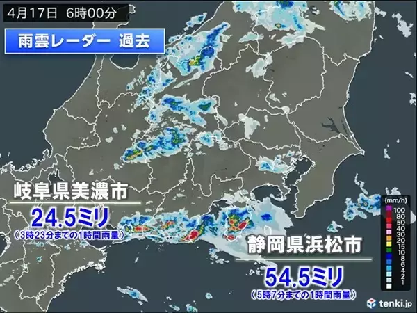 「東海などに活発な雨雲　静岡県で1時間に50ミリ以上の非常に激しい雨」の画像