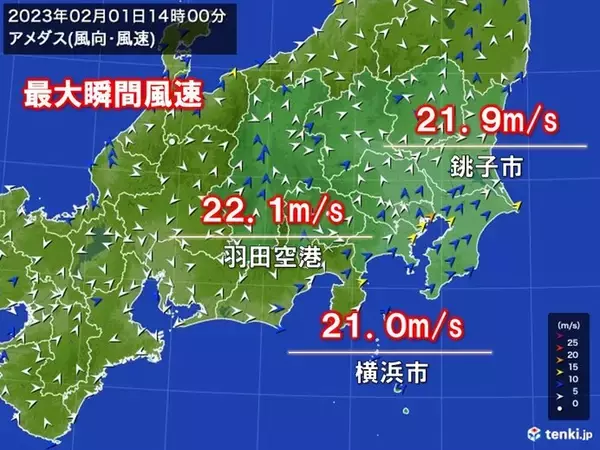 関東　南風強まる　羽田空港で最大瞬間風速22.1メートル　最高気温3月並み