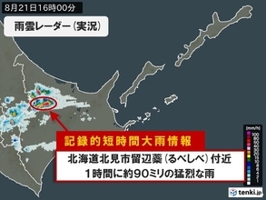 北海道北見市で1時間に約90ミリ「記録的短時間大雨情報」