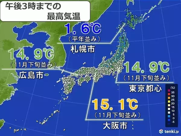 「最高気温　東日本・西日本は11月下旬並みの所も　北日本では日中も凍える寒さ」の画像