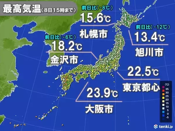 「連休最終日の最高気温　北海道は前日より大幅ダウン　あす9日は関東でヒンヤリ」の画像