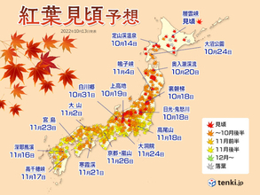 2022年第2回「紅葉見頃予想」　日本気象協会発表　見頃は全国的に平年並み