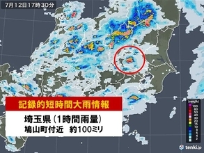 埼玉県鳩山町付近で約100ミリ「記録的短時間大雨情報」